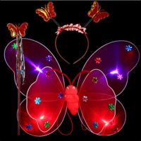 小女孩蝴蝶发光玩具双层发光蝴蝶翅膀四件套魔法棒儿童演出道具|红色 双层蝴蝶三件套(发光)