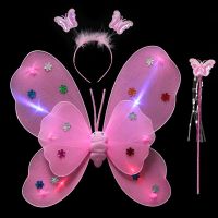 儿童小蜜蜂道具背发光天使蝴蝶演出服装魔法棒奇妙仙子小瓢虫翅膀|发光蝴蝶翅膀3件套粉红