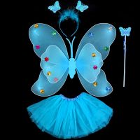 儿童小蜜蜂道具背发光天使蝴蝶演出服装魔法棒奇妙仙子小瓢虫翅膀|蝴蝶翅膀双层四件套蓝色
