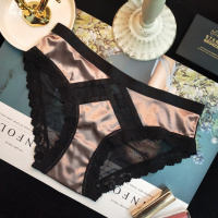 SUNTEK宫廷风香槟色性感蕾丝珠光滑绸缎面料内裤低腰后面透视三角短裤女