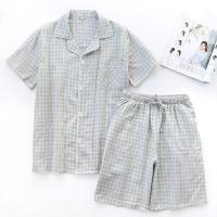 SUNTEK情侣格子睡衣套装短袖短裤夏季薄款女棉棉双层纱布男士家居服
