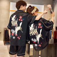 SUNTEK情侣睡衣女夏季冰丝短袖薄款黑色仙鹤开衫两件套装男士家居服