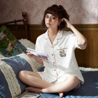 SUNTEK情侣睡衣女夏季棉白色短袖短裤小熊ins潮网红夏天大码薄款男装