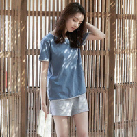 SUNTEK情侣睡衣女夏季韩版短袖短裤两件套装夏天男士棉薄款宽松家居服