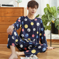 SUNTEK情侣睡衣春秋季纯绵绸薄款可爱男生女士人造棉外穿家居服两件套装