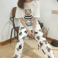 SUNTEK韩版小熊情侣卡通睡衣女夏季棉短袖长裤可爱薄款两件套家居服男