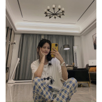 SUNTEK日系史努比夏季棉情侣睡衣可外穿格子男女士ins短袖长裤家居服