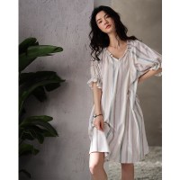 SUNTEK睡裙女士睡衣春夏季新款棉甜美时尚条纹宽松娃娃裙家居服