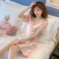 SUNTEK睡裙女夏季短袖冰韩版甜美睡衣女士蕾丝花边中长款居家服裙子