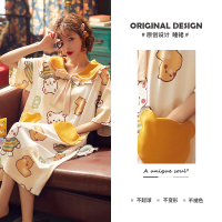 SUNTEK夏天棉睡裙女士薄款短袖娃娃领蝴蝶结少女长裙子睡衣夏季家居服