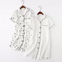 SUNTEK日系夏季薄款棉纱布女士短袖睡裙男友风衬衫睡裙大码宽松睡衣