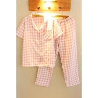 SUNTEK推荐!日系格子情侣睡衣女春夏款棉纱布短袖长裤男士家居服套装睡衣/家居服套装