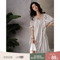 SUNTEK睡衣睡裙女士夏季短袖棉条纹中长款薄款休闲可外穿家居服睡衣/家居服套装