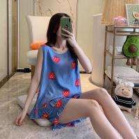 SUNTEK莓背心短裤睡衣女夏棉绸简约无袖薄款清新学生可爱家居服套装