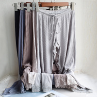 SUNTEK纯色丝柔舒适居家长裤睡裤宽松阔腿裤空调裤女蕾丝边宅宅裤黑色睡裤/家居裤