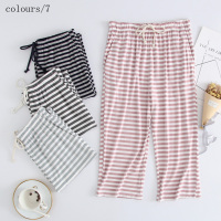 SUNTEK新款条纹纯色莫代尔睡裤女款夏季薄款弹力加大码七分裤休闲家居裤睡裤/家居裤