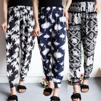 SUNTEK人造棉绵绸长裤女大码缩口防蚊裤外穿沙滩裤阔腿灯笼裤夏季睡裤薄睡裤/家居裤