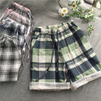 SUNTEK复古棉双层纱布短裤男女宽松情侣家居服睡裤大格子棉纱透气潮夏睡裤/家居裤