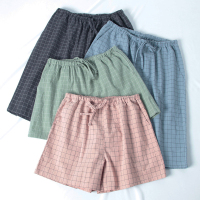 SUNTEK日系格子情侣睡裤短裤女夏季棉薄款水洗棉纱布家居裤五分裤男睡裤/家居裤