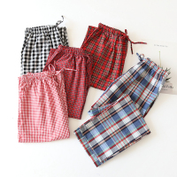 SUNTEK女士睡裤休闲家居裤宽松直筒双插口袋长裤梭织棉格子可外穿春夏季睡裤/家居裤