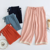 SUNTEK日系春夏女士棉绉布睡裤薄款宽松棉七分家居裤双层纱布空调裤睡裤/家居裤