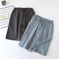 SUNTEK情侣睡裤男士棉纱布短裤夏季薄款女士家居裤棉格子外穿沙滩裤
