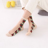 SUNTEK袜子女夏季款玻璃丝袜短黑色袜子女中筒棉底丝 [中]红玫瑰[肉底肉丝][6双] 均码36-39加购收藏优先发货