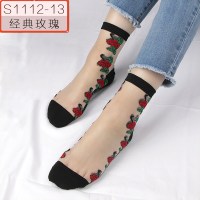 SUNTEK袜子女夏季款玻璃丝袜短黑色袜子女中筒棉底丝 [中]红玫瑰[黑底肉丝][6双] 均码36-39加购收藏优先发货