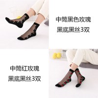 SUNTEK袜子女夏季款玻璃丝袜短黑色袜子女 [中]黑玫瑰红玫瑰[各3双黑丝][共6双] 均码36-39加购收藏优先发货