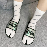 SUNTEK夏季薄款分趾丝袜女黑白色字母网红中筒袜ins猪蹄袜二趾袜堆堆袜 白色 均码