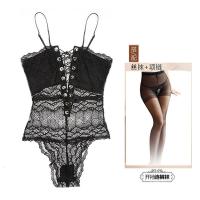 SUNTEK丝袜情趣女黑大码薄款蕾丝性感连体身丝袜日系镂空超薄马甲 连体衣+开档丝袜 均码