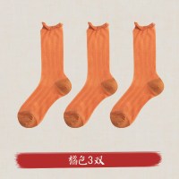 SUNTEK日系中筒女棉袜夏季堆堆袜黑色长袜韩国可爱透气超薄卡丝袜潮ins 橘色3双 均码(关注收藏可优先发货)