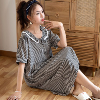 SUNTEK春夏季睡裙可爱韩版休闲格子棉绸短袖宽松人造棉家居服睡衣女士