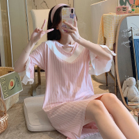 SUNTEK夏季薄款棉睡裙女士公主风可爱学生很仙的棉睡衣粉条纹家居服