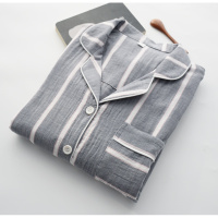 SUNTEK日式简约风开衫睡裙女式春秋薄款棉纱布水洗双层长袖家居服睡衣