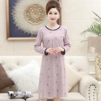 SUNTEK春秋季中老年人睡裙女士棉长袖妈妈睡衣中年大码棉长款连衣裙