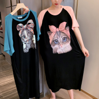 SUNTEK可爱猫咪莫代尔睡裙女夏宽松长款薄款韩版学生大码孕妇甜美睡衣