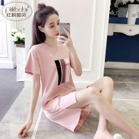 SUNTEK夏季棉睡衣女士夏天睡裙短袖少女大码睡裙薄款家居服简约可外穿