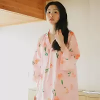 SUNTEK日系睡裙女夏棉纱布长袖宽松睡袍日式和风春秋大码浴袍和服睡衣
