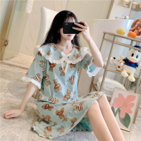 SUNTEK夏季可爱睡裙女棉短袖薄公主风娃娃领卡通小熊甜美学生睡衣裙子