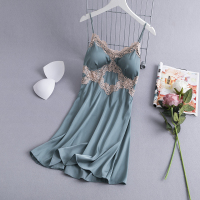 SUNTEK性感睡衣女吊带睡裙夏季薄款胸垫冰丝露背蕾丝情趣诱惑家居服