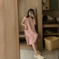 SUNTEK睡裙女夏季棉可爱薄款连衣裙子复古格子性感吊带学生睡衣家居服
