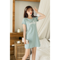 SUNTEK2020年新款短袖睡裙女夏带胸垫可外穿棉中长款宽松睡衣连衣裙黑