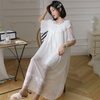 SUNTEK睡裙女夏季棉短袖长款过膝可爱甜美公主风宫廷蕾丝很仙薄款睡衣