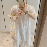 SUNTEKins甜美公主风白色蕾丝棉麻睡裙少女夏季短袖韩版中长款睡衣学生