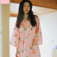 SUNTEK夏天睡袍女日式棉纱布中长款浴袍和服七分袖宽松汗蒸服系带睡裙