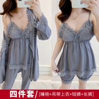 SUNTEK春秋睡衣女性感吊带四件套冰丝长袖冰丝夏天新款薄款睡裙睡袍套装