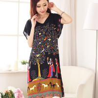 SUNTEK睡衣女夏季短袖棉绸睡裙棉人造棉加大加长裙家居服连衣裙宽松