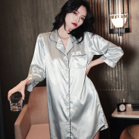 SUNTEK春秋ins风性感冰丝睡衣女开衫男友风中长款睡袍薄