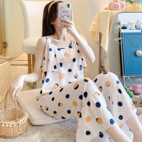 SUNTEK棉绸睡衣女夏季性感吊带喇叭裤套装日系甜美公主风人造棉家居服薄